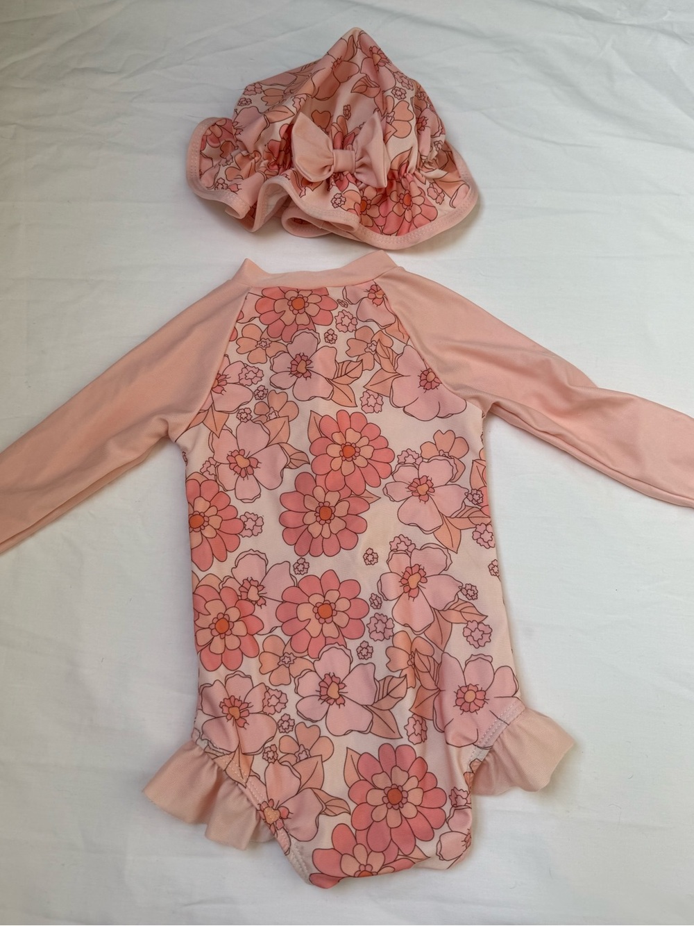 Peach Floral Ruffle-Shoulder One-Piece Swimsuit with Hat